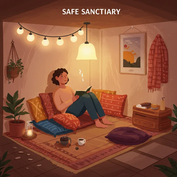 A person relaxing peacefully in a safe, tranquil environment