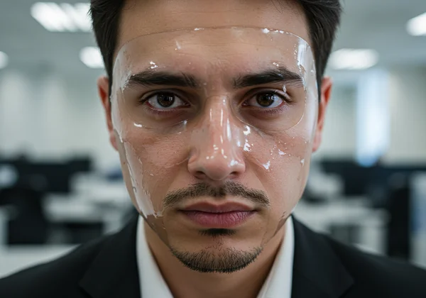 A person in an office wearing a subtle mask, feeling exhausted