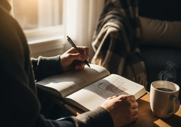 一个人正在写日记,反思想法和见解