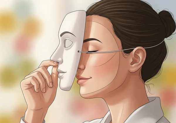 一个人轻轻摘下面具,展现真实的自我