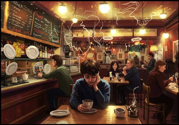 Sensory overload in a café, showing noise and bright lights