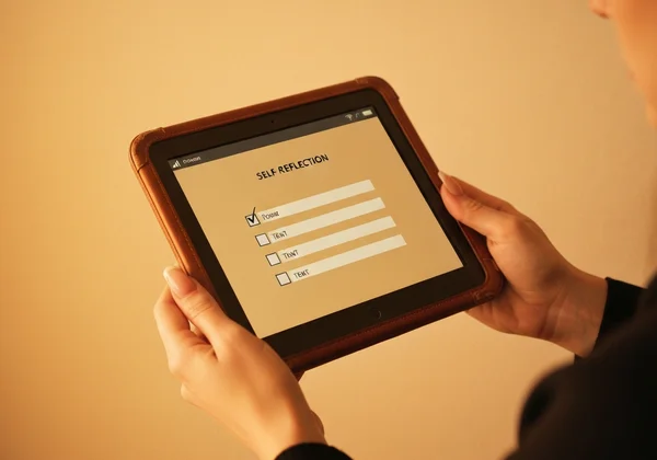 Person holding a tablet with a self-assessment questionnaire