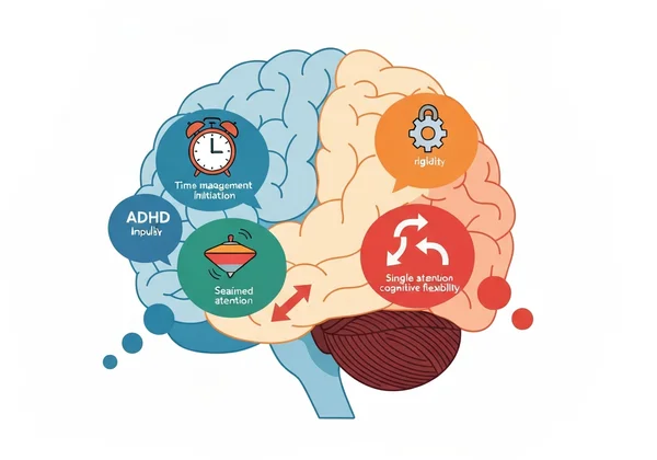 Brain with areas highlighted for executive dysfunction